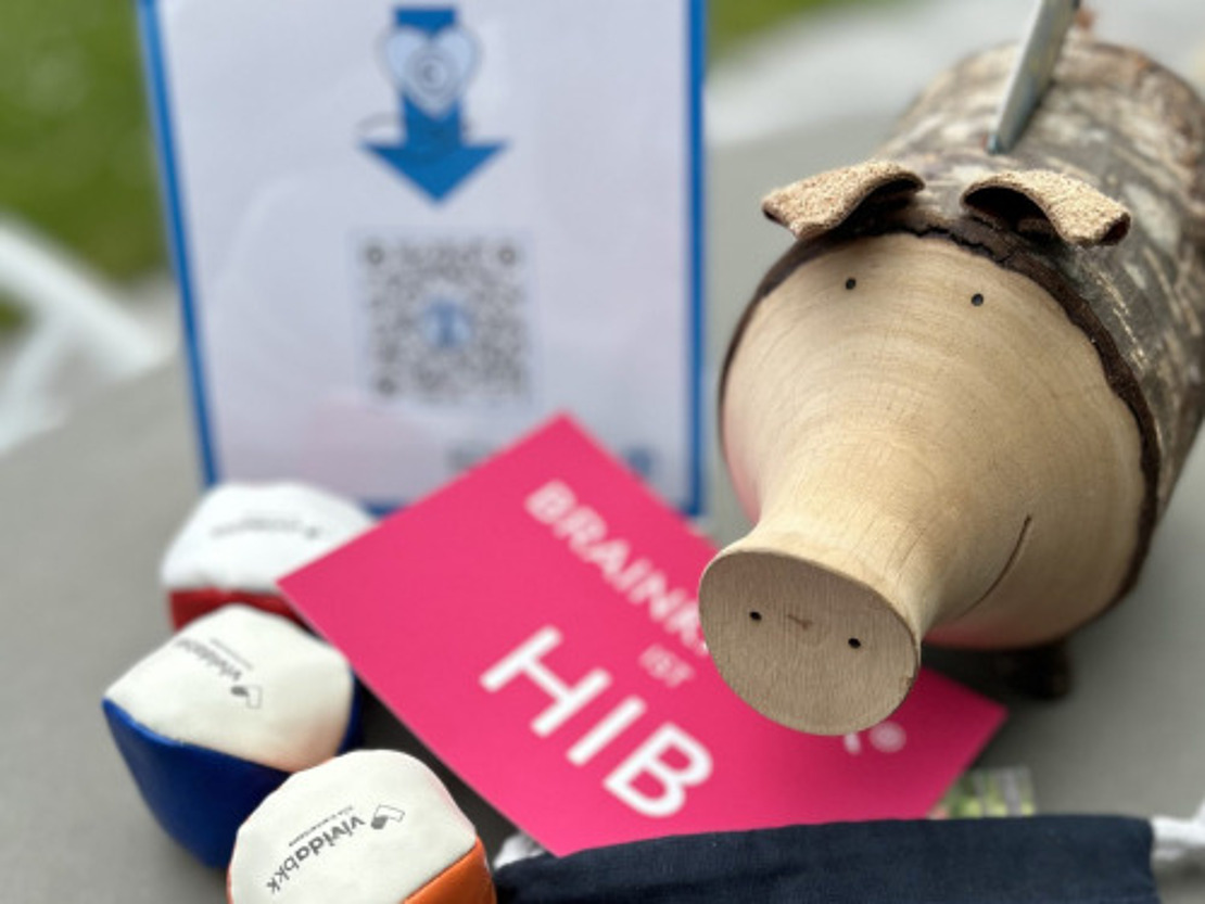 Auf einem Tisch im Freien stehen ein Holzschwein, Sitzsäcke, ein rosa Schild mit der Aufschrift „BRAINWALK at HIB“ und ein Schild mit einem QR-Code.