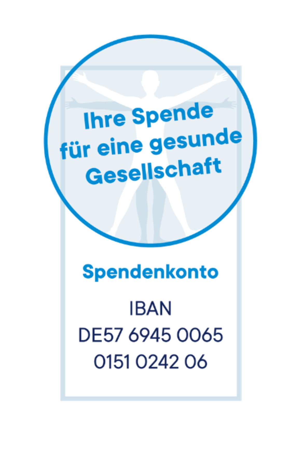 Ein Spendenaufruf auf Deutsch mit einem blauen Kreis, auf dem „Ihre Spende für eine gesunde Gesellschaft“ steht, über den Bankdaten: IBAN DE57 6945 0065 0151 0242 06.